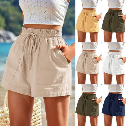 2025 Summer New Women's Shorts Loose Linen Casual Pockets Solid Color High Waist Wide Leg Pants.
