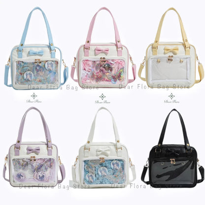 Y2K Cute Bow Ita Bag Girl Transparent Messenger Bag Women Fashion Shoulder Crossbody Bag Ladys DIY Badge Tote Bag Lolita Handbag.