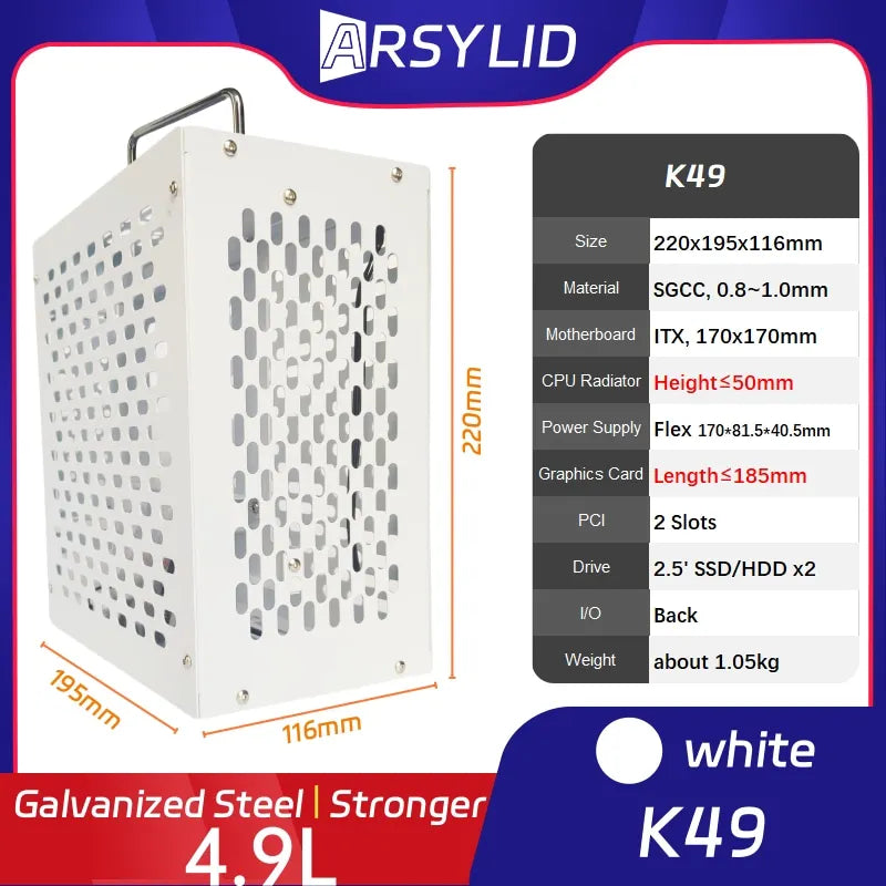 ARSYLID K49 ITX A4 Computer Case 4.9L 185mm Graphics Card Flex PSU 50mm Radiator Mini PC Chassis.