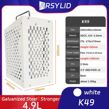 ARSYLID K49 ITX A4 Computer Case 4.9L 185mm Graphics Card Flex PSU 50mm Radiator Mini PC Chassis.