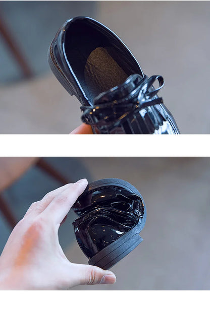 Girls Casual Leather Shoes Kids Flats Tassels with Bow-knot British Style Soft Slip-on Loafers for Wedding Party Bright Skin New.