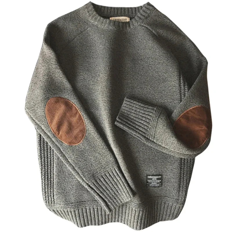 New Men's Pullover with Fashionable Patch Design, Knitted Pullover, Harajuku Street Wear, Thick O-neck Casual Pullover, Wool.