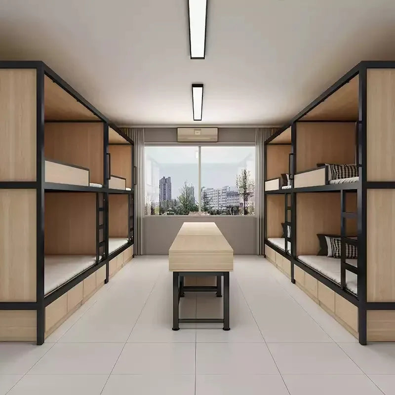 Obere und untere Etagenbetten, Schulwohnheim, Apartmentbett, Jugend, Hostel, Raumkapsel, All-Inclusive-Bett, Stahl, Holz, kombiniert, Mutter