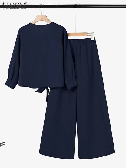 2025 ZANZEA Autumn Outfits 2PCS Women Work Matching Sets Fashion Spring Long Sleeve Blouse Pant Sets Casual Solid OL Tracksuits.