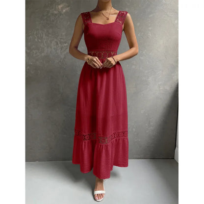 Weiße Lange Kleid Frauen Sommer Sexy Sleeveless Backless Maxi Kleider Damen Elegante Hohle Heraus Spitze Kleid Boho Sommerkleid Vestidos.