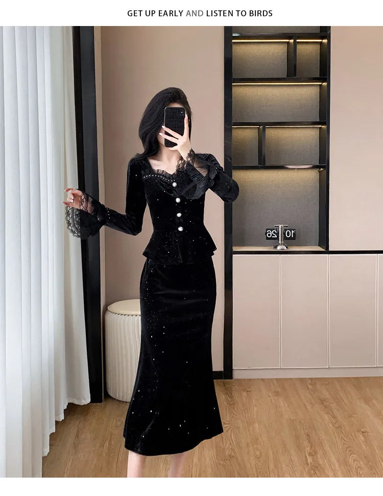 VigoAnne 2025 Black Long Sleeve Top And High Waist Korean Skirt 2 Piece Sets Woman Spring Autumn Velvet Long Dress Suit Ladies.