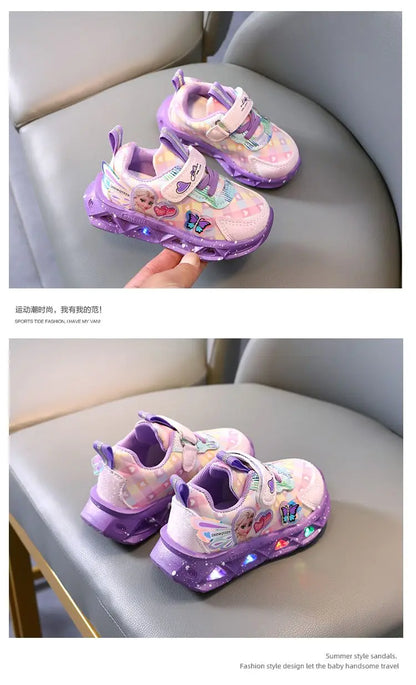 Disney LED Casual Sneakers For Spring Girls Frozen Elsa Princess Print Pu Leather Shoes Children Lighted Non-slip Pink Purple.