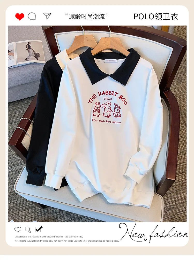 175kg plus size Damen büste Frühling Herbst loser Polo kragen Kaninchen besticktes Sweatshirt schwarz weiß 5xl 6xl 7xl 8xl 9xl.