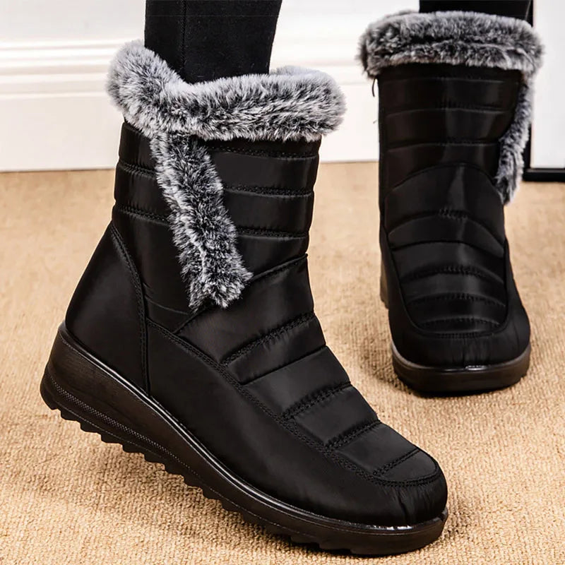 Women's Boots Super Warm Fur Botas Mujer 2025 Snow Boots Low Heels Winter Shoes Woman Black Rubber Winter Boots Women Footwear