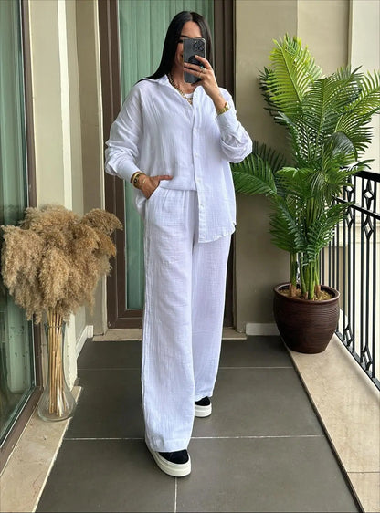 Casual Loose Shirt And Pants Two Piece Sets Women Fashion Solid Long Sleeve Shirts Outfits Autumn Winter Wide Leg Pants Sets.