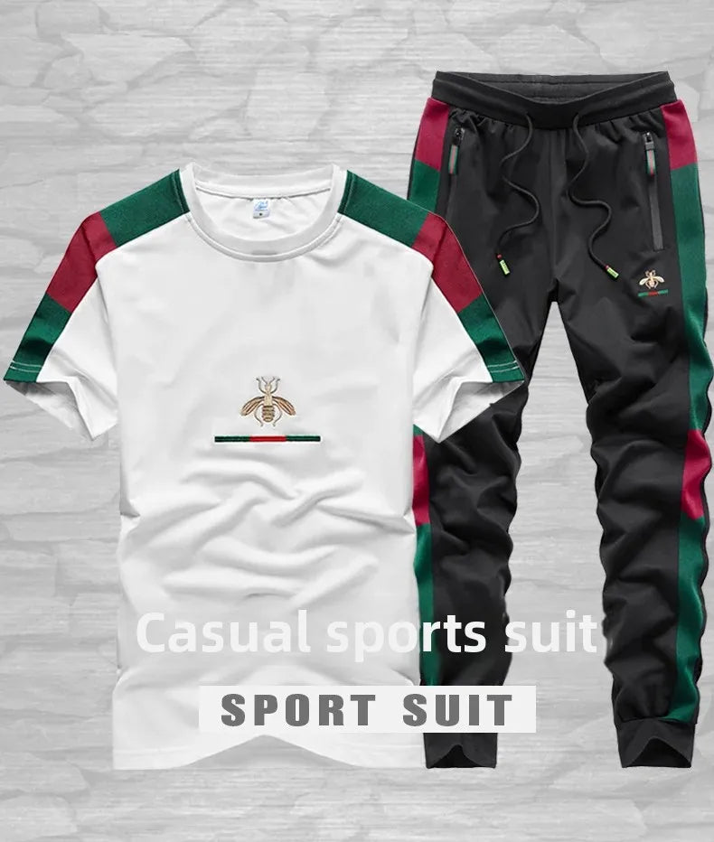 Casual Embroidered Short Sleeve Long Pants Set round Neck Two Piece Set Men's Fashionable Korean Style Spring Autumn Wear.