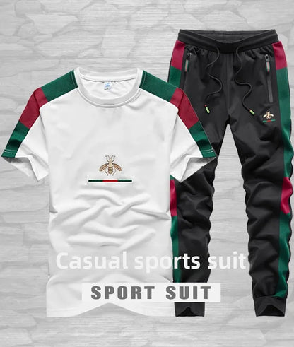 Casual Embroidered Short Sleeve Long Pants Set round Neck Two Piece Set Men's Fashionable Korean Style Spring Autumn Wear.