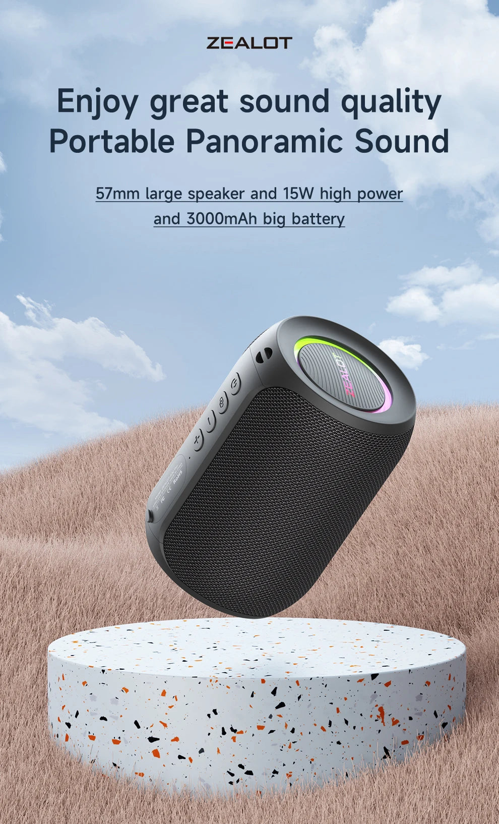 Zealot-S32PRO Powerful Bluetooth Speaker, Bass Wireless, LED Light, Outdoor Speakers, Subwoofer, Waterproof Sound Box Support.