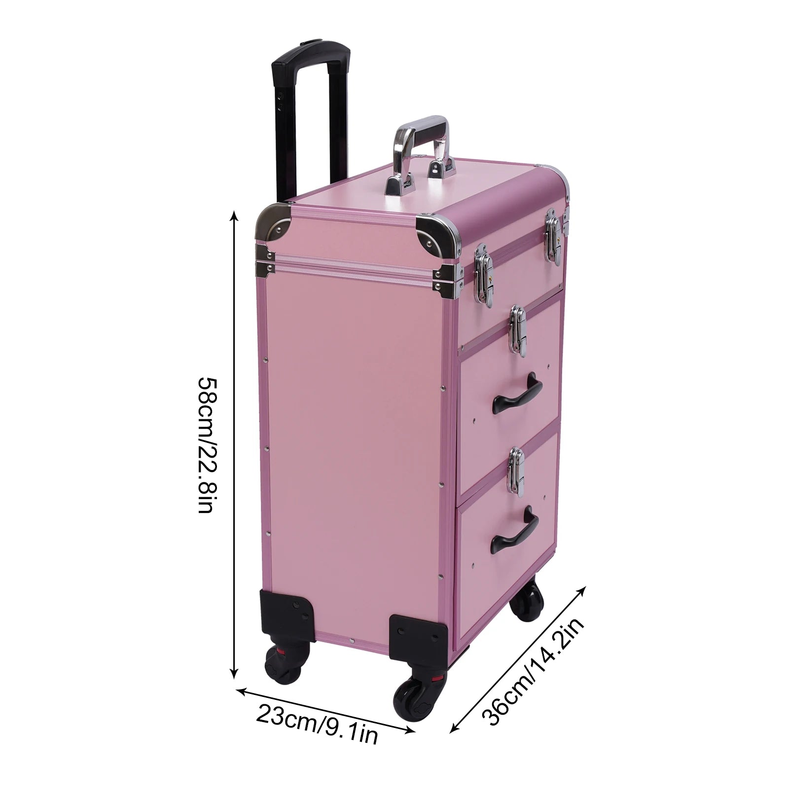 3 in 1 Rolling Makeup Case with Drawer, Large Makeup Case Organizers, Profesional Cosmetic Case for Salon Barber, Light Pink.
