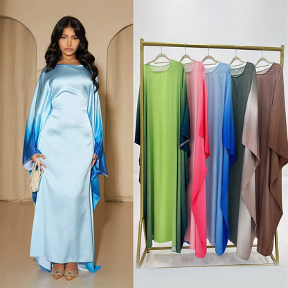 Gradient Batwing Butterfly Sleeve Satin Abaya Dubai Luxury Muslim Kaftan Dress For Women Kebaya Caftan Marocain Femme Vestidos.