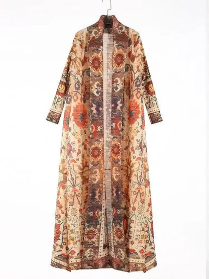 Abaya Miyake Pleated Printed Robe Jacket Arabian Dubai Style Women's Long Sleeve Conservative Demure Muslim Trench Coat 55inches