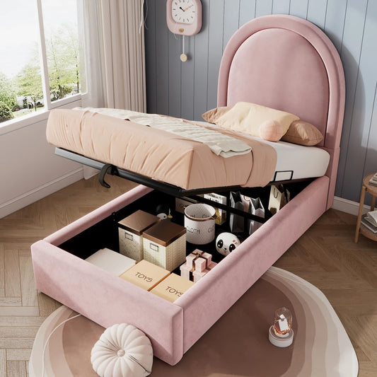 Rosa Samt-Einzelbett 90 x 200 cm für Kinder, Jungen, Mädchen, Kinderbettgestell, Kinderbett ohne Matratze