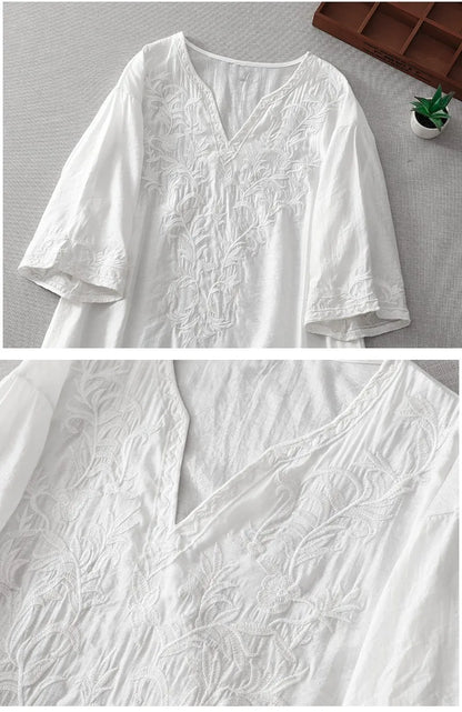 Neuankömmling 2024 Sommer Kunst Stil Frauen Kurzarm V-Ausschnitt lockeres Kleid Vintage Stickerei solide weiße A-Linie lange Kleider.