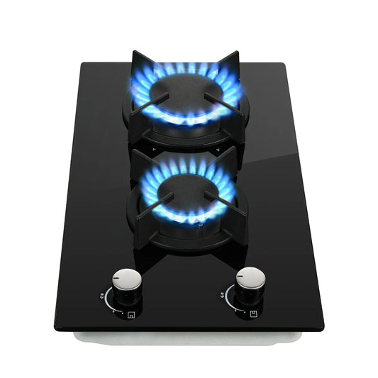 30cm Glass Gas Hob 2400W/1800W Dual Gas (Natural/Propane) Auto Flame Safety 2 LED Bulbs Built-in or Freestanding 220-240V CE.