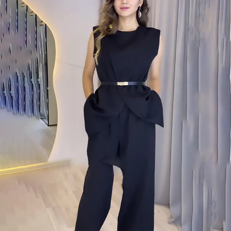 Women Women Piece Set High Waist Pocket Pant Sets Tops Solid Sleeveless Spliced Elegant Round Neck Top Suits Office Lady.
