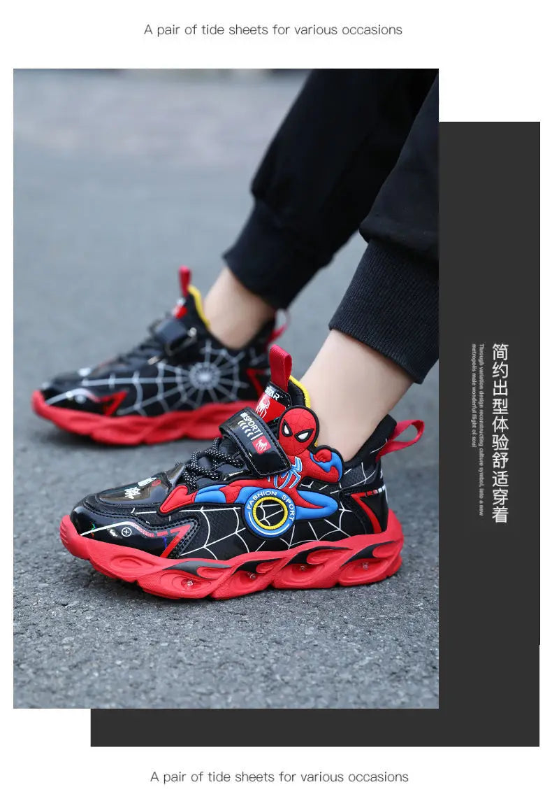 Disney Boys Shoes LED Lights Cartoon Autumn Children's Sports Shoes Leather Non-slip Children's Running Shoes Sneaker Size 25-35.