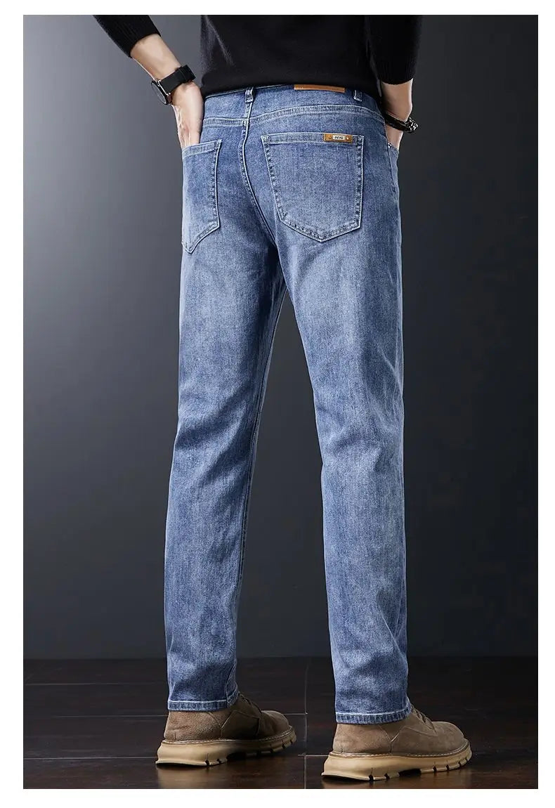 2025 Casual Jeans Young Men's Korean Style Business Straight Jeans Stretch Denim Pants Trousers Slim Fit Classic Cowboys Jeans.