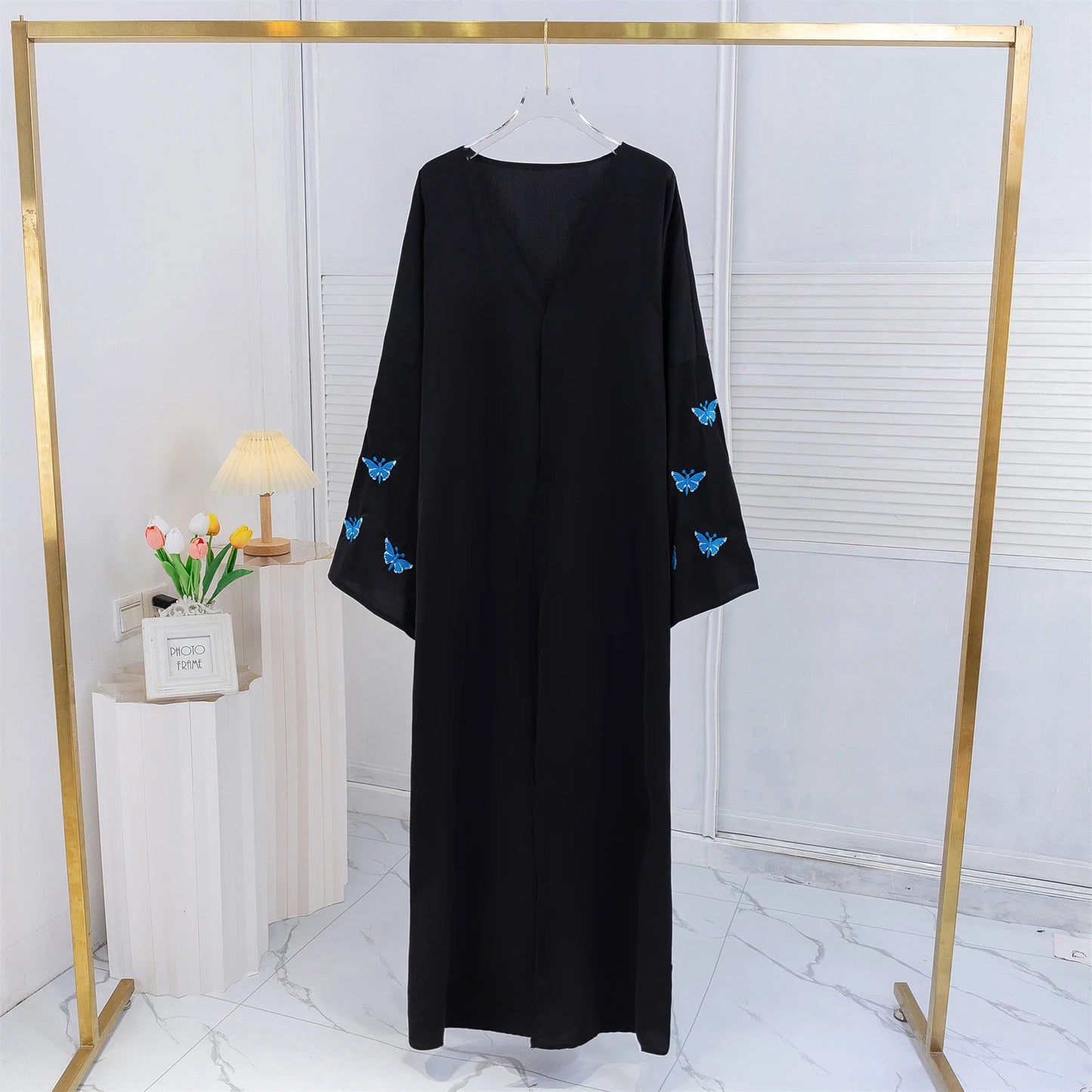 Butterfly Embroidery Open Front Abaya Women Long Sleeve Maxi Length Dress Muslim Abayas Kaftans Women Jilbabs Women's Clothing.
