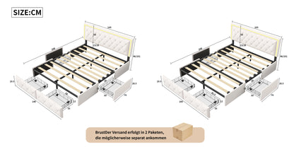 Lazyspace PU-Polsterbett, weißes Einzel- und Doppelbett mit Lattenrost, Holz, mit 4 Schubladen und LED-Kopfteil