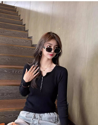 2025 frauen Solide Strick Pullover Herbst Winter Pullover V-ausschnitt Taste Langarm Schlank Pullover Koreanische Casual Basis Schicht Y2k