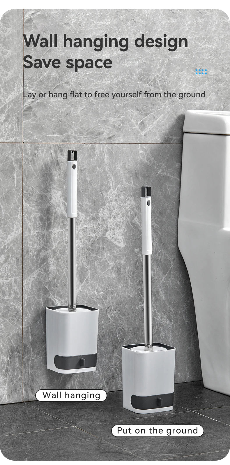 WORTHBUY Wandmontierte Toilettenbürste aus Kunststoff mit langem Griff und Halter, stanzfreie WC-Toilettenreinigungsbürste, Badezimmerzubehör