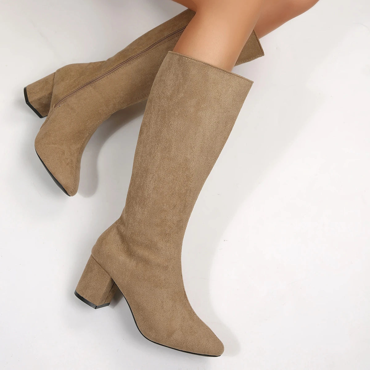 Women Boots Autumn Winter Elastic Slimming Knee-High Boots Fashion Pointed Toe Thick Heel Shoes Woman Side Zipper Casual Botas