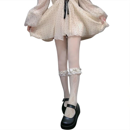 Women Lolita Transparent Mesh Crew Socks Sweet Ruffled Lace Trim Bowknot Cute Love Heart Pattern Anime Princess Hosiery