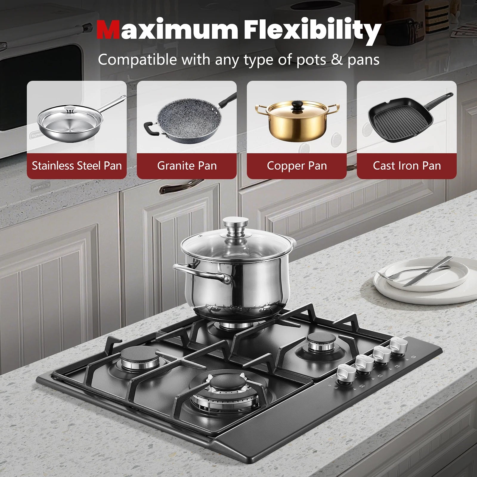 4 Burners Black Enamelled Plate 58 cm Automatic Flame Protection, Natural Gas and Propane Gas, Built-in Gas Hob.