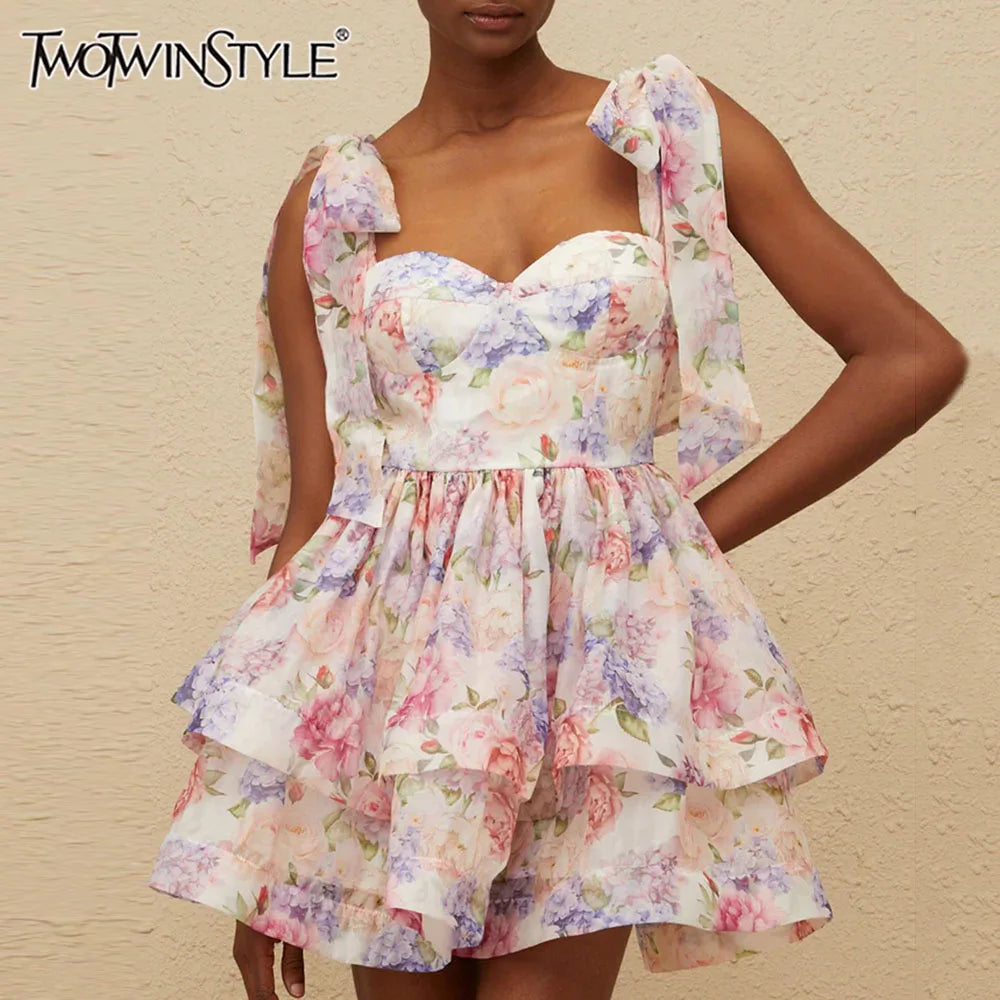 TWOTWINSTYLE Abnehmen Druck Verstärktes Spitze Up Elegante Kleider für Frauen Square Neck Ärmellose Patchwork Rüschen Kleid Weibliche.