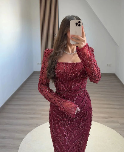 BABYONLINE Maßgeschneidertes Abendkleid All CoPearl Sleeve Full Crystals Etuikleid Abiye