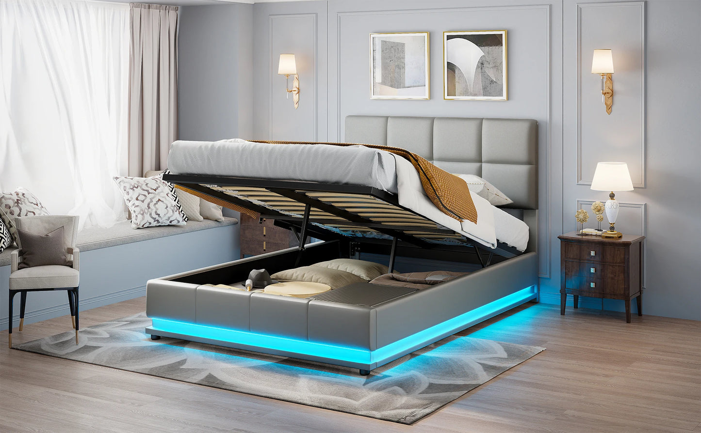 Anajqaqia Polsterbettgestell mit LED-Beleuchtung, 140 x 200 cm, mit hydraulischem Stauraum, Grau