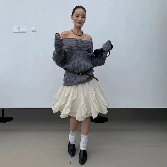 Deeptown Korean Style Lace Tulle Skirt Women Fairycore Sweet Elegant Ruffle Skirts Vintage Streetwear Irregular Layered Skirts.