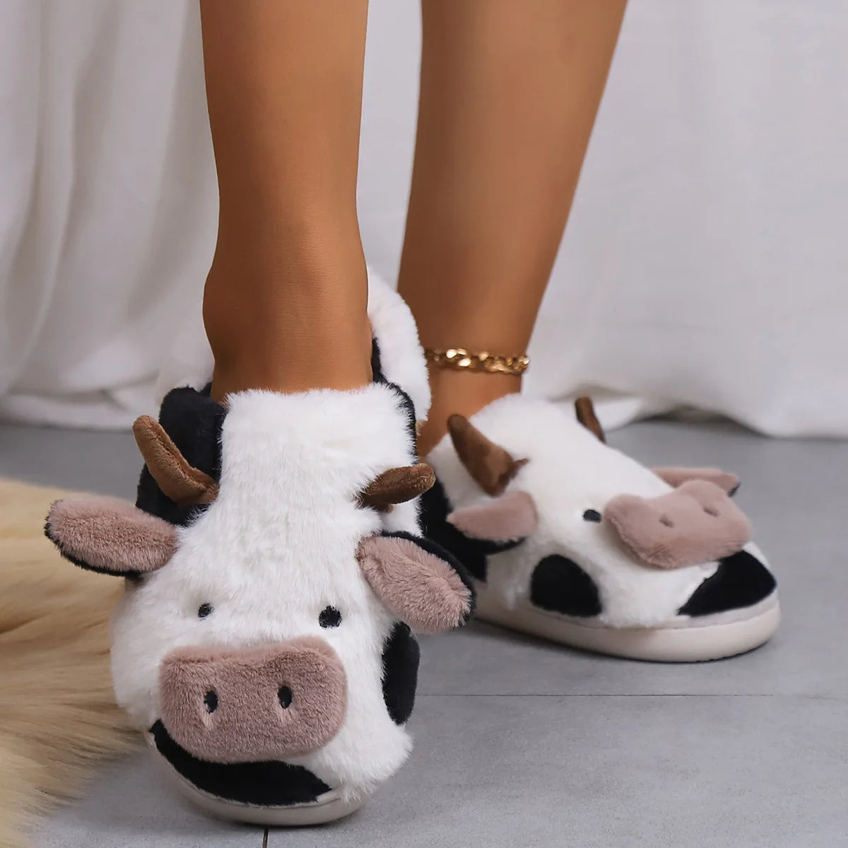 Shevalues Plush Cartoon Milk Cow Slippers Winter Women Slippers Furry Non-Slips Women Cotton Slides Couples Soft Cozy Flat Shoes