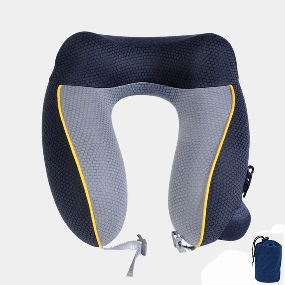 New U-shaped Travel Neck Pillow Elastic Fabric Foldable Inflatable Pillow Press Type Neck Support Cushion Airplane Pillow.