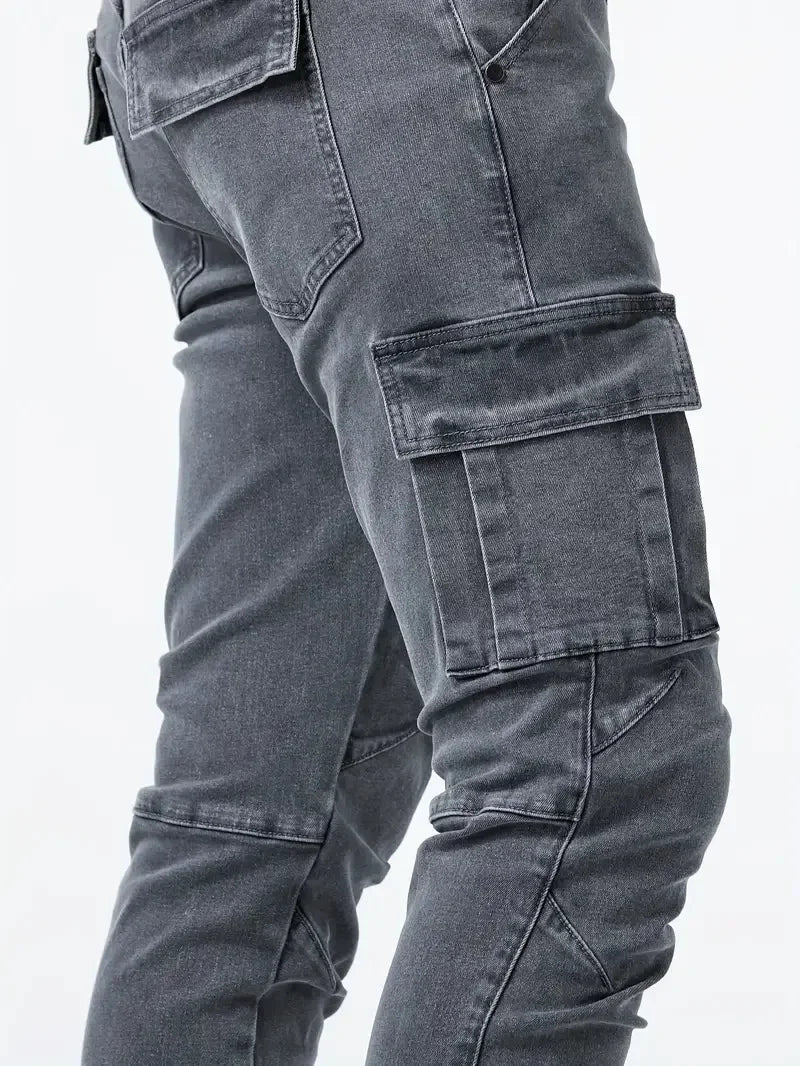 Street Elastic Jeans Men Denim Cargo Pants Wash Solid Color Multi Pockets Casual Mid Waist Trousers Slim Fit Daily Wear Joggers.