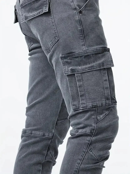 Street Elastic Jeans Men Denim Cargo Pants Wash Solid Color Multi Pockets Casual Mid Waist Trousers Slim Fit Daily Wear Joggers.