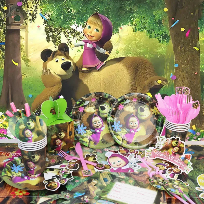 Mashas und Bär Geburtstag Party Dekoration Cartoon Thema Luftballons Kinder Event liefert Einweggeschirr Hintergrund.