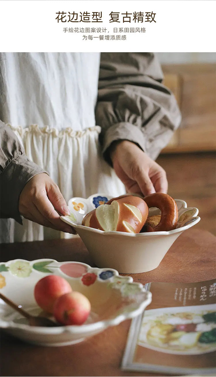 Floral Embossed Rim Soup Dessert Plate - Elegant Ceramic Appetizer Dish for Breakfast, Cafe Dining, Home Kitchen Tableware Set.