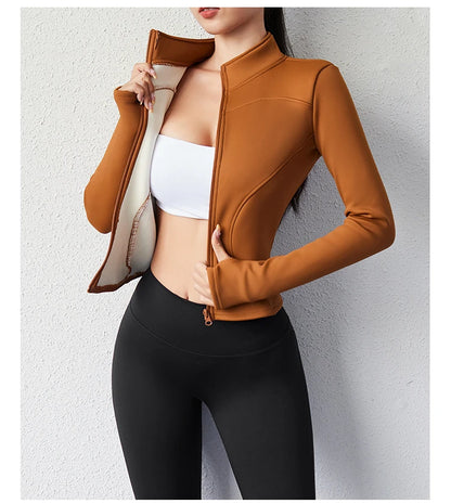 Damen Winter-Fleece-Yoga-Jacke mit durchgehendem Reißverschluss, langen Ärmeln, Workout, Activewear, Sport-Fleece-Yoga-Jacke mit Daumenloch.