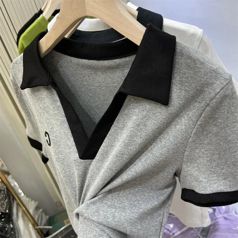 Summer Hot Sale Of The Season Women's Grey Short Sleeve Polo Neck T-Shirt Pure Cotton Slim Fit Base Shirt Trendy Top Quality Chi.