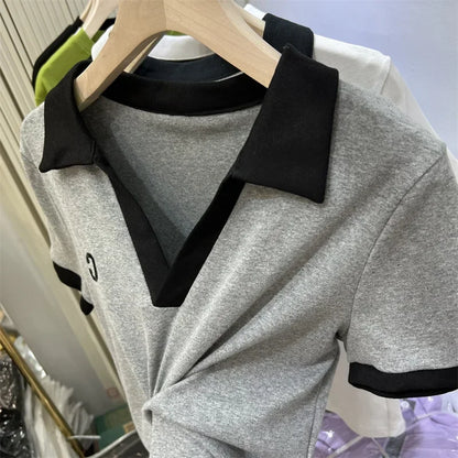 Summer Hot Sale Of The Season Women's Grey Short Sleeve Polo Neck T-Shirt Pure Cotton Slim Fit Base Shirt Trendy Top Quality Chi.
