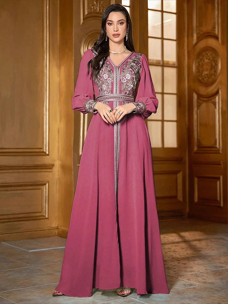Eid Frauen Kleid Abaya Kaftan Muslimischen V-ausschnitt Stickerei Party Robe Jalabiya Ramadan Marokko Dubai Kaftan 2025, Vestidos Largos.