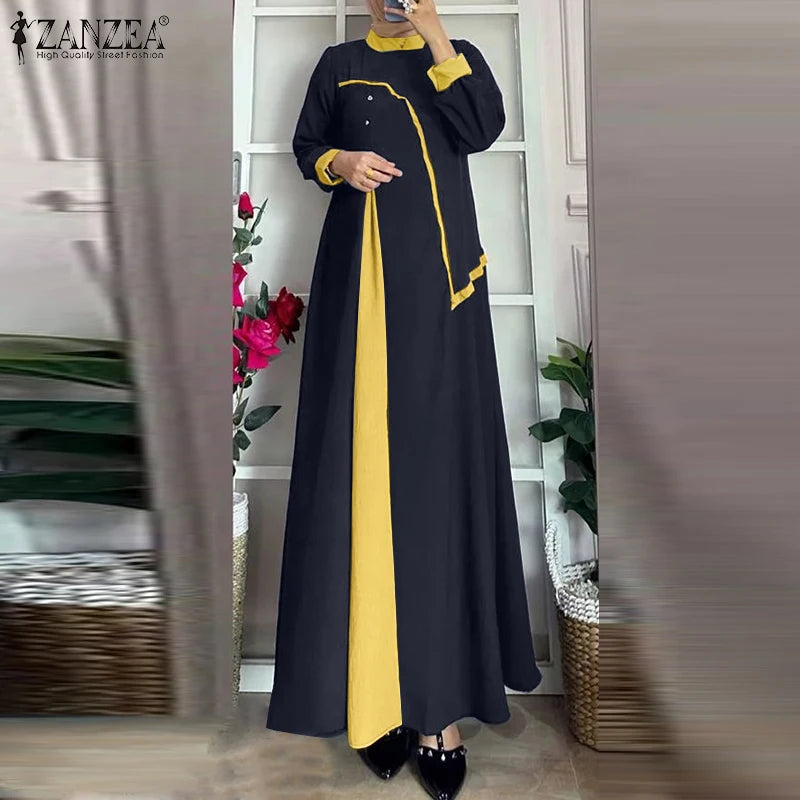 ZANZEA Women Autumn Patchwork Long Sleeve Maxi Dresses Muslim Turkey Abaya Dress Hijab Sundress Robe Femme Loose Vestidos Kaftan.