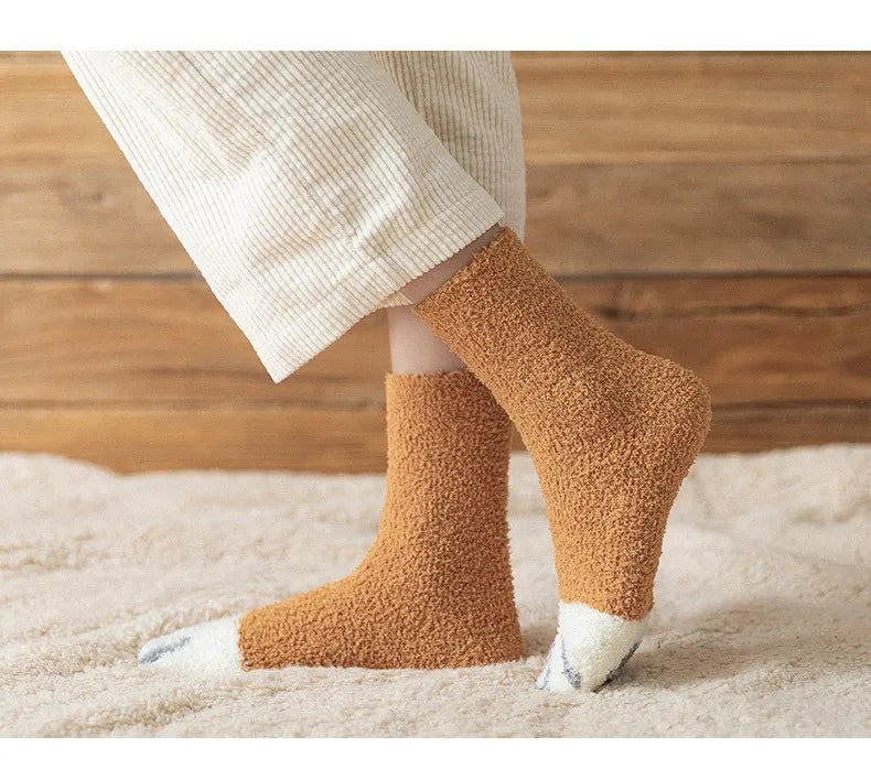 Women Socks Winter Warm Fluffy Socks Cute Animal Claw Cat Paw Footprint Fuzzy Socks Thicken Coral Fleece Home Floor Sleep Socks.