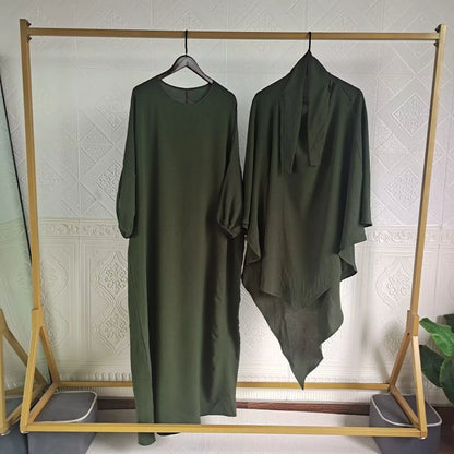 Eid Muslim Women Long Khimar 2 Piece Set Abaya Dress Prayer Garment Hijab Full Cover Islamic Ramadan Kaftan Djellaba 2023.